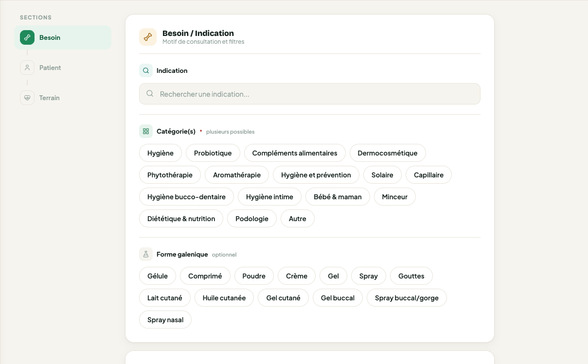 Écran Conseil — besoin, indication, profil patient